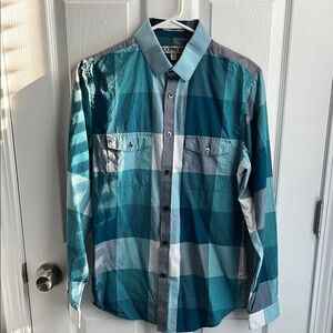 Express Blue and Gray Casual Button Down Shirt